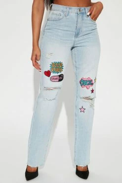 Fashion Nova Patched In Pop Art Straight Leg Jeans - Light Blue Wash