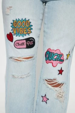Fashion Nova Patched In Pop Art Straight Leg Jeans - Light Blue Wash