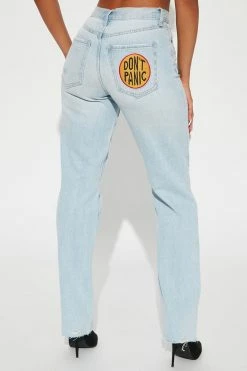 Fashion Nova Patched In Pop Art Straight Leg Jeans - Light Blue Wash
