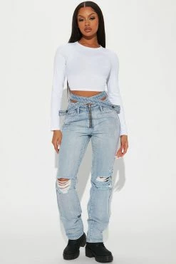 Fashion Nova Past And Present Crossover Jeans - Light Wash Straight Leg Jeans