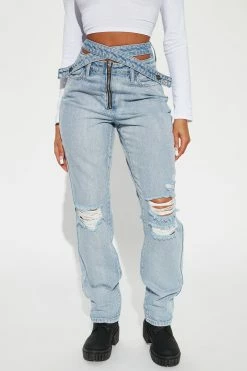 Fashion Nova Past And Present Crossover Jeans - Light Wash Straight Leg Jeans
