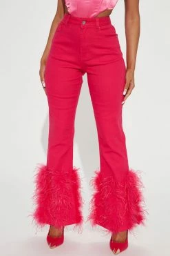 Fashion Nova Fancy Feathers Slit Hem Straight Leg Jeans - Pink