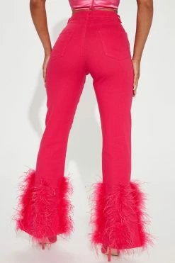 Fashion Nova Fancy Feathers Slit Hem Straight Leg Jeans - Pink