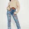 Fashion Nova Whoa Baby Ripped Straight Leg Jeans - Medium Blue Wash