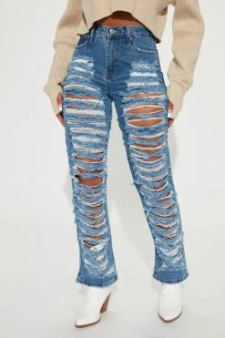 Fashion Nova Whoa Baby Ripped Straight Leg Jeans - Medium Blue Wash