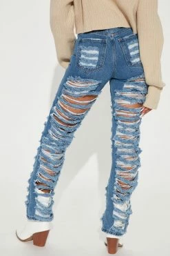 Fashion Nova Whoa Baby Ripped Straight Leg Jeans - Medium Blue Wash