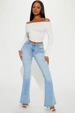 Fashion Nova Flare Jeans Dare To Flare Dollar Sign Jeans - Medium Blue Wash