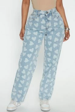Fashion Nova Skip A Beat Heart High Rise Straight Leg Jeans - Light Blue Wash