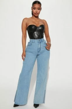 Fashion Nova Straight Leg Jeans Welcome To Miami Split Hem Jeans - Light Wash