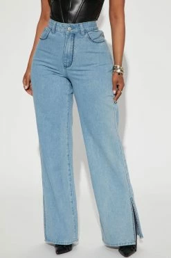 Fashion Nova Straight Leg Jeans Welcome To Miami Split Hem Jeans - Light Wash