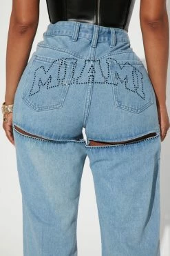 Fashion Nova Straight Leg Jeans Welcome To Miami Split Hem Jeans - Light Wash