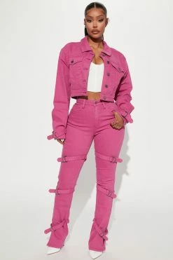 Fashion Nova Skinny Jeans Lovefool Strappy Split Hem Straight Leg Jeans - Magenta