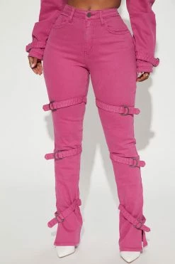 Fashion Nova Skinny Jeans Lovefool Strappy Split Hem Straight Leg Jeans - Magenta