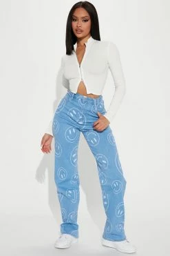 Fashion Nova Silly Smiles High Waisted Straight Leg Jeans - Light Blue Wash