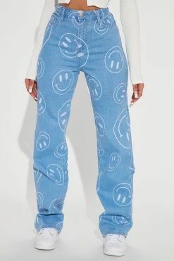 Fashion Nova Silly Smiles High Waisted Straight Leg Jeans - Light Blue Wash