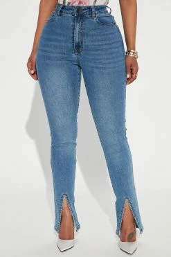 Fashion Nova Soho Slit Hem Stretch Skinny Jeans - Medium Blue Wash