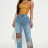Fashion Nova Bandana Patchwork Straight Leg Jeans - Medium Blue Wash