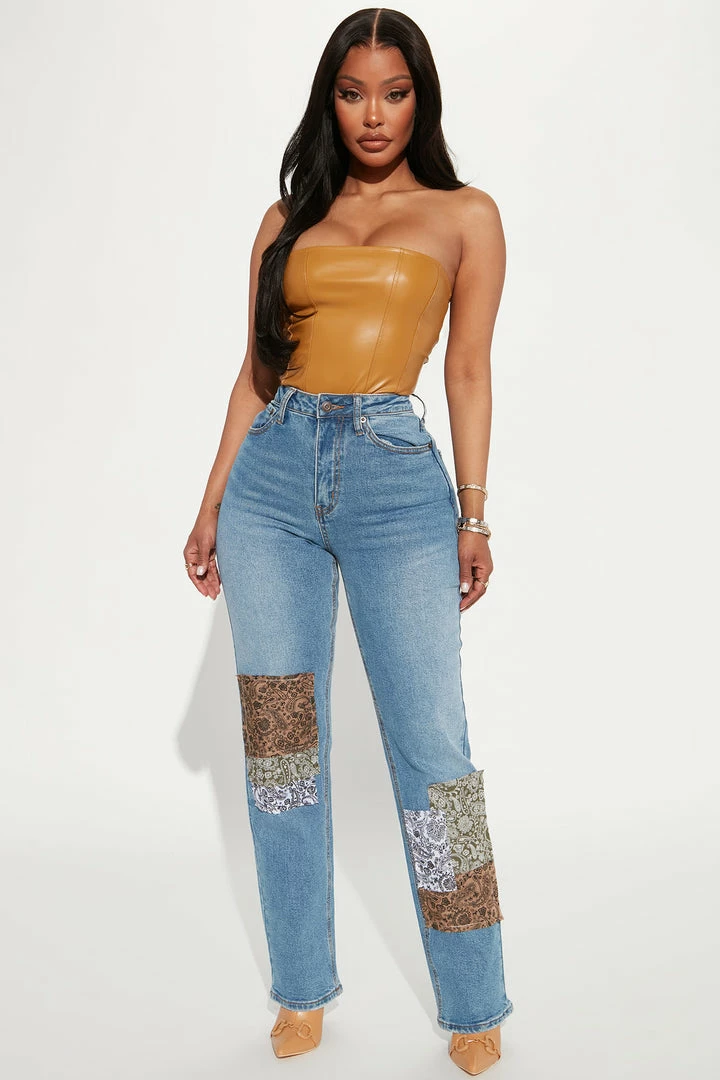 Best Pirce ๐งจ Fashion Nova Bandana Patchwork Straight Leg ๐ Jeans - Medium Blue Wash ๐ 3 Fashion Nova Bandana Patchwork Straight Leg Jeans - Medium Blue Wash