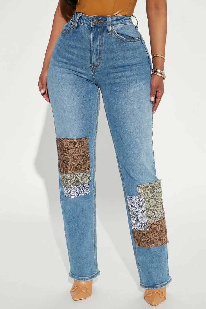 Best Pirce ๐งจ Fashion Nova Bandana Patchwork Straight Leg ๐ Jeans - Medium Blue Wash ๐ 4 Fashion Nova Bandana Patchwork Straight Leg Jeans - Medium Blue Wash