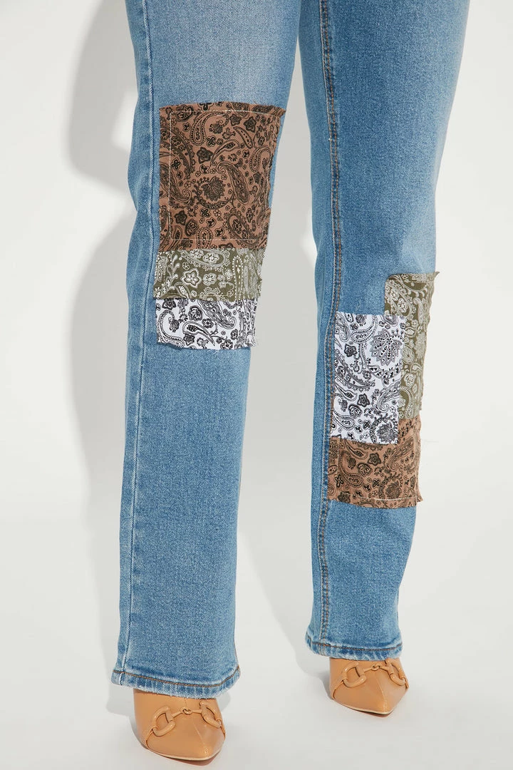 Best Pirce ๐งจ Fashion Nova Bandana Patchwork Straight Leg ๐ Jeans - Medium Blue Wash ๐ 5 Fashion Nova Bandana Patchwork Straight Leg Jeans - Medium Blue Wash
