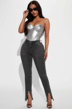 Fashion Nova Automatic Love Split Hem Skinny Jeans - Black Wash