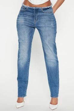 Fashion Nova Make A Night Of It Cut Off Waistband Jeans - Medium Wash Straight Leg Jeans