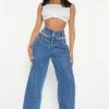Fashion Nova First Glance Cut Out Waistband Straight Leg Jean - Medium Blue Wash Baggy Jeans