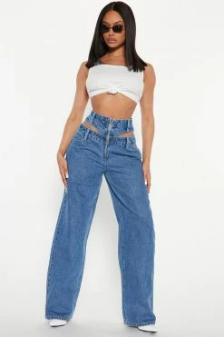 Fashion Nova First Glance Cut Out Waistband Straight Leg Jean - Medium Blue Wash Baggy Jeans