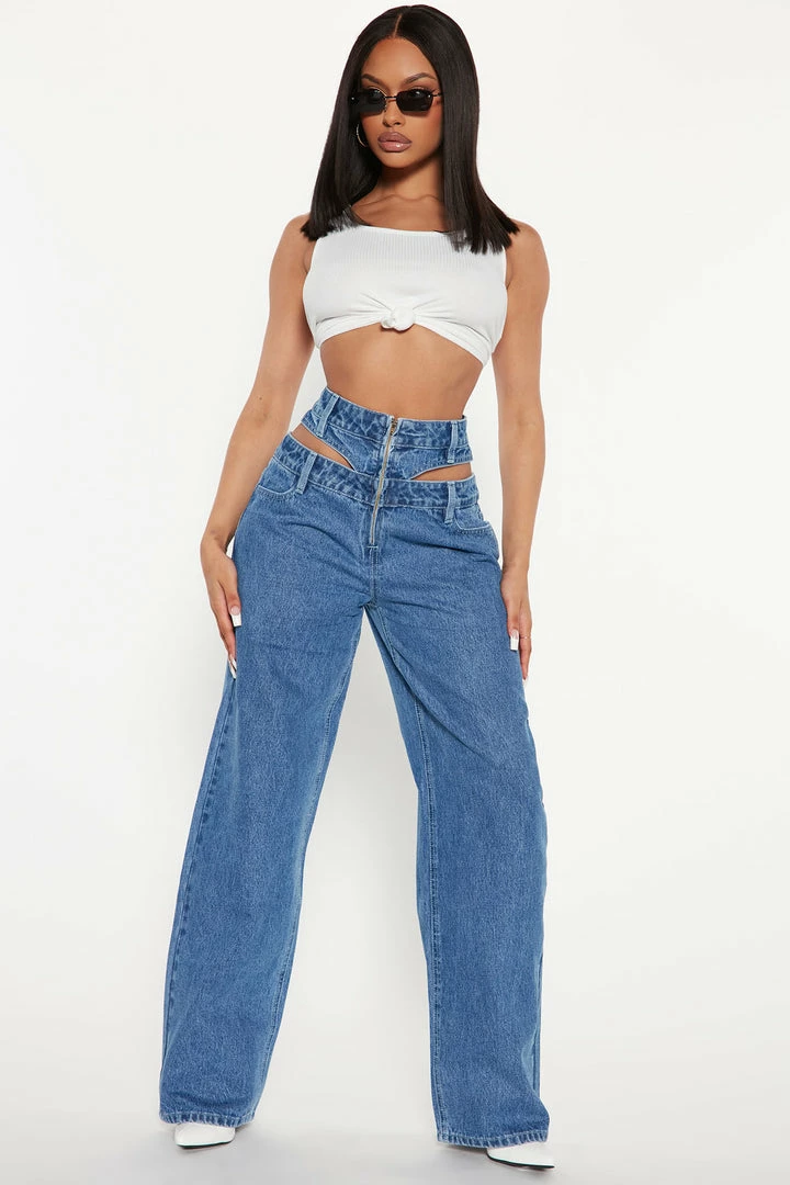 Deals π Fashion Nova First Glance Cut Out Waistband Straight Leg Jean - Medium Blue Wash Baggy π Jeans π 3 Fashion Nova First Glance Cut Out Waistband Straight Leg Jean - Medium Blue Wash Baggy Jeans