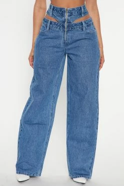 Fashion Nova First Glance Cut Out Waistband Straight Leg Jean - Medium Blue Wash Baggy Jeans