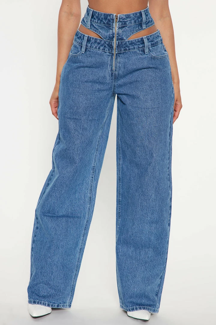 Deals π Fashion Nova First Glance Cut Out Waistband Straight Leg Jean - Medium Blue Wash Baggy π Jeans π 4 Fashion Nova First Glance Cut Out Waistband Straight Leg Jean - Medium Blue Wash Baggy Jeans