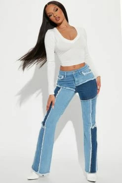Fashion Nova Daphne Patchwork Flare Jeans - Medium Blue Wash