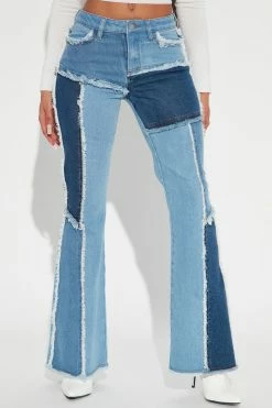 Fashion Nova Daphne Patchwork Flare Jeans - Medium Blue Wash