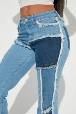 Fashion Nova Daphne Patchwork Flare Jeans - Medium Blue Wash