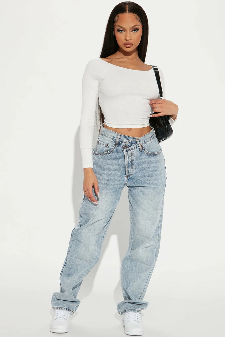 Fashion Nova Step Waistband Crossover Jeans - Light Blue Wash