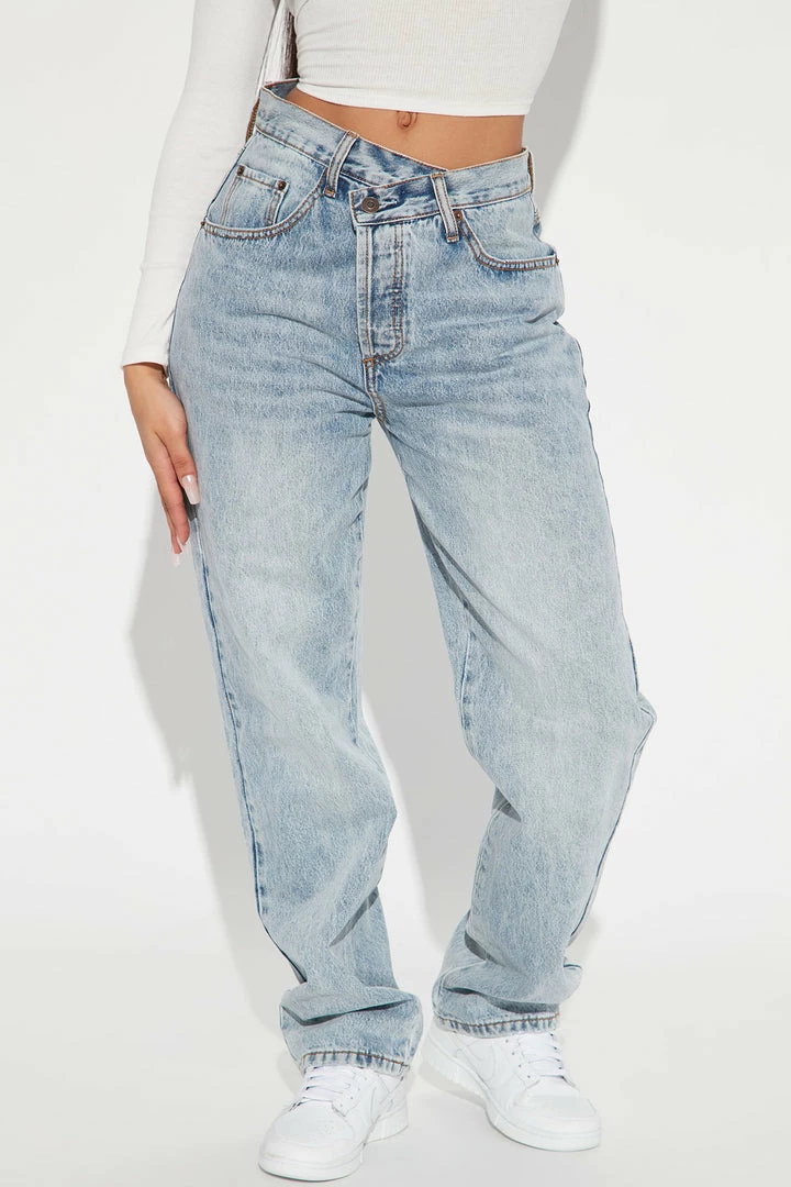 Fashion Nova Step Waistband Crossover Jeans - Light Blue Wash