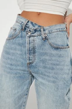 Fashion Nova Step Waistband Crossover Jeans - Light Blue Wash