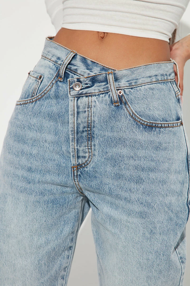 Fashion Nova Step Waistband Crossover Jeans - Light Blue Wash