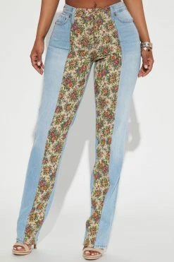 Fashion Nova Tapestry Mixed Mid Rise Straight Leg Jeans - Light Wash