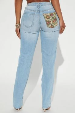 Fashion Nova Tapestry Mixed Mid Rise Straight Leg Jeans - Light Wash