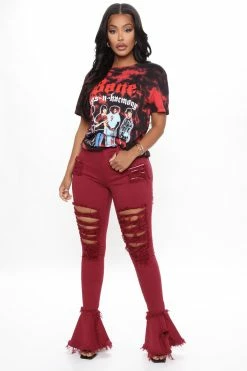 Fashion Nova Fray What You Mean Flare Leg Jeans - Burgundy Flare Jeans