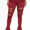 Fashion Nova Fray What You Mean Flare Leg Jeans - Burgundy Flare Jeans
