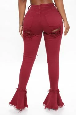 Fashion Nova Fray What You Mean Flare Leg Jeans - Burgundy Flare Jeans