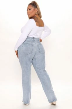 Fashion Nova Chase The Dream Slit Straight Leg Jeans - Light Blue Wash