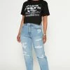Fashion Nova Most Wanted Shredded Straight Leg Jeans - Light Blue Wash