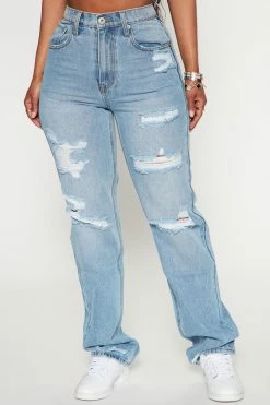 Fashion Nova Most Wanted Shredded Straight Leg Jeans - Light Blue Wash