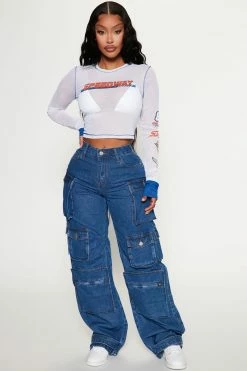 Fashion Nova Billie Low Slung Cargo Jeans - Medium Wash Baggy Jeans