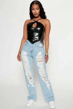 Fashion Nova Joy Ride Shredded Straight Leg Jeans - Light Wash