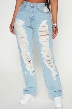 Fashion Nova Joy Ride Shredded Straight Leg Jeans - Light Wash