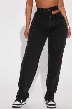 Fashion Nova Straight Leg Jeans Take A Peek Cut Out High Rise Straight Leg Jean - Black Wash